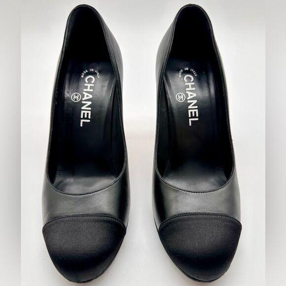 Chanel Collection Black Leather Satin Cap Toe Metal Ruler Heels Pumps EU37.5 US7 - Picture 11 of 12